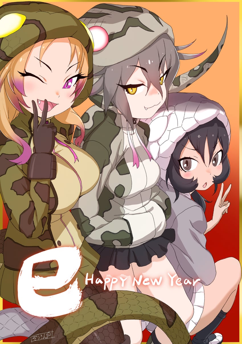 african rock python, okinawa habu, and black mamba (kemono friends) drawn by masuyama_ryou