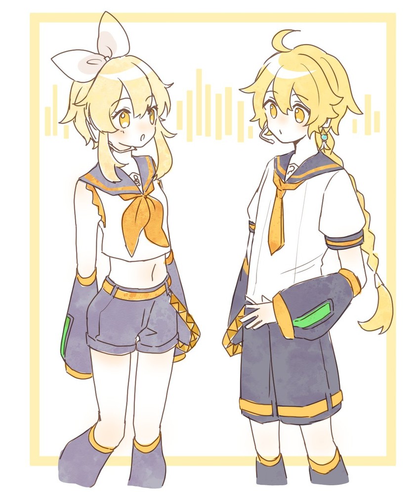 kagamine rin, lumine, kagamine len, and aether (genshin impact and 1 more) drawn by corn_kuten