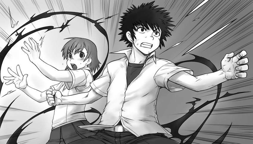 misaka mikoto and kamijou touma (toaru majutsu no index and 1 more) drawn by kuontendou