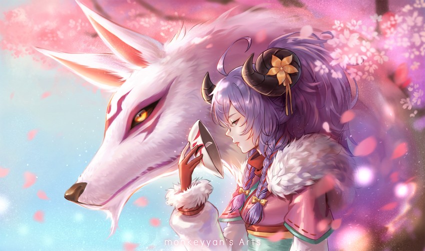 kindred, lamb, wolf, and spirit blossom kindred (league of legends) drawn by monkeyyan