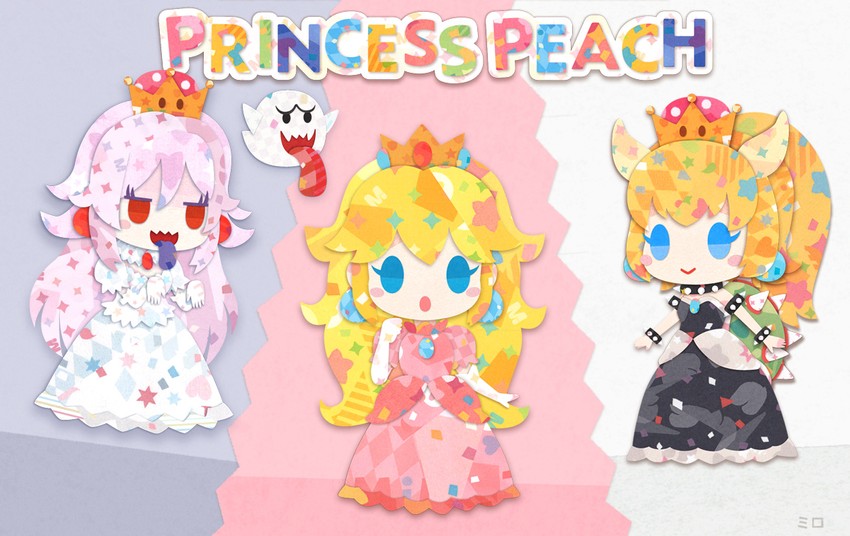 princess peach, bowsette, princess king boo, and boo (mario and 2 more) drawn by kikuchi_milo