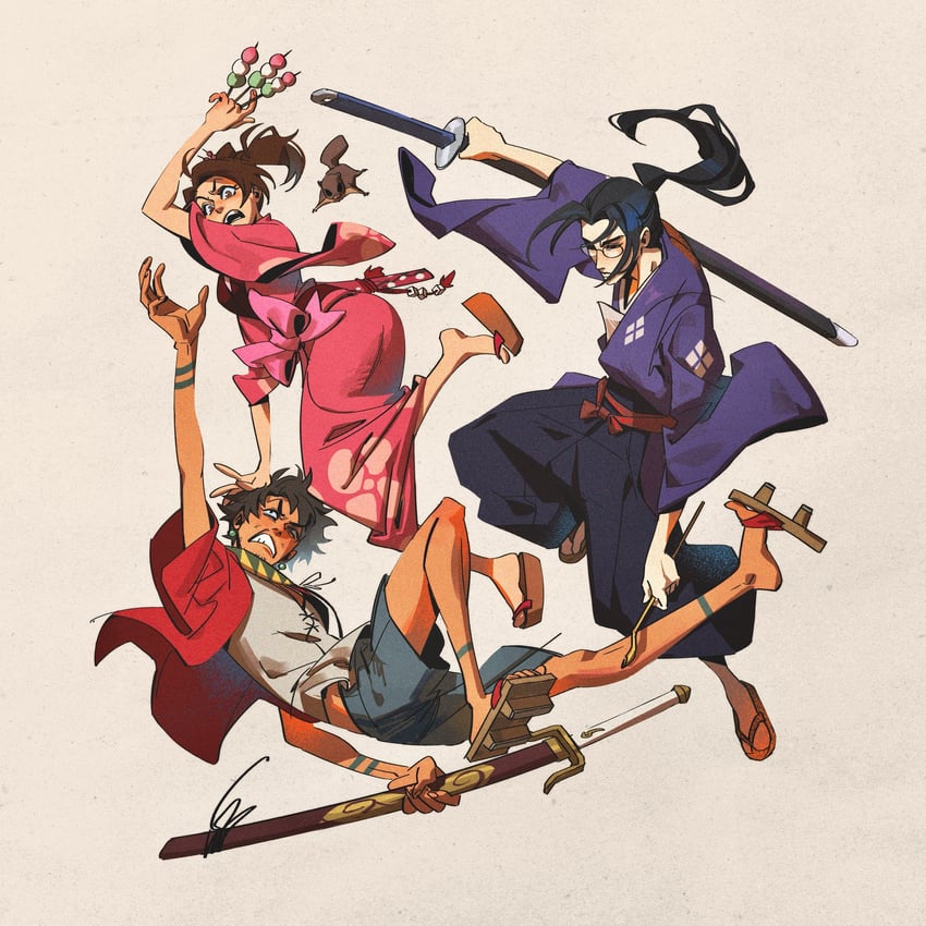 fuu, mugen, jinnosuke, and momo (samurai champloo) drawn by haddockkkk