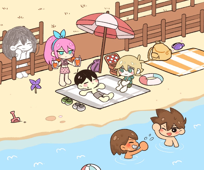 sunny, basil, mari, aubrey, kel, and 1 more (omori) drawn by kireso_majide
