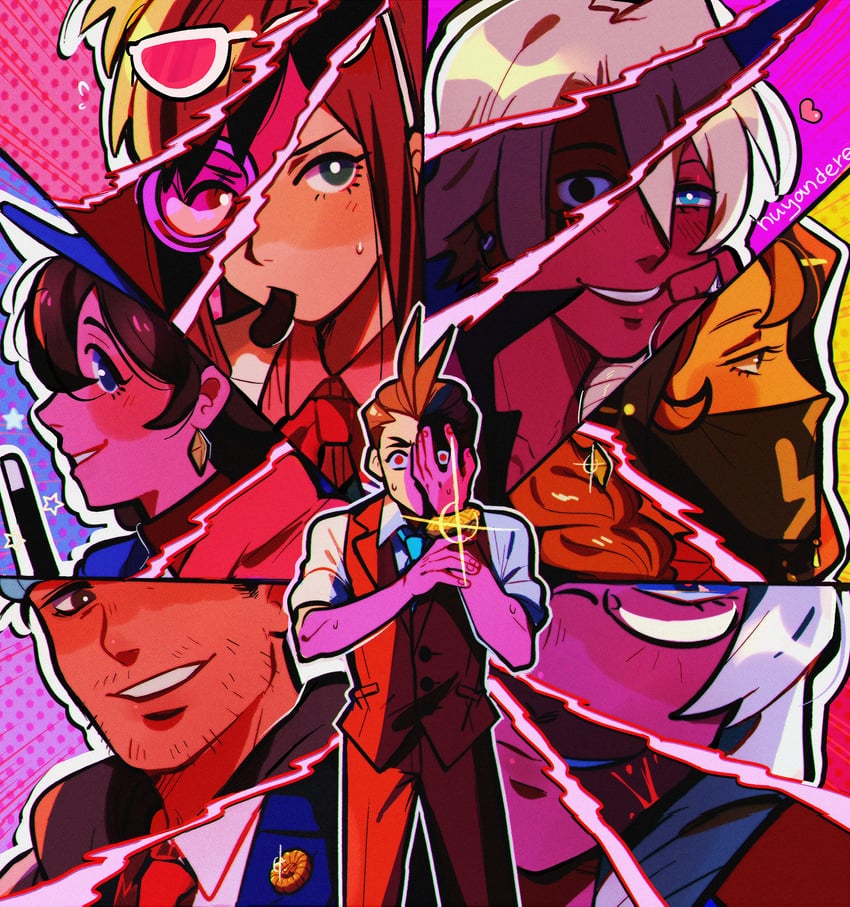 phoenix wright, apollo justice, trucy wright, klavier gavin, ema skye, and 2 more (ace attorney and 1 more) drawn by huyandere