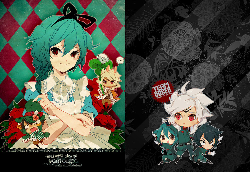 alice, white rabbit, mad hatter, mistorene callus, baddap sleed, and 1 more (inazuma eleven and 1 more) drawn by welchino