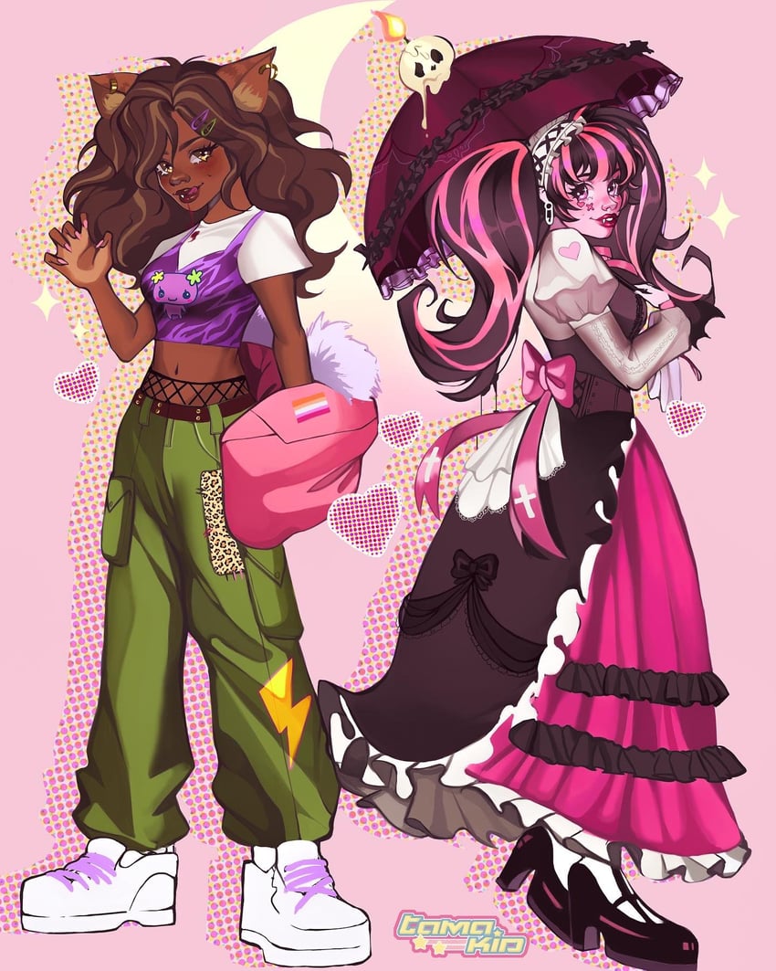 draculaura, clawdeen wolf, and flowertchi (tamagotchi and 2 more) drawn by tamakid
