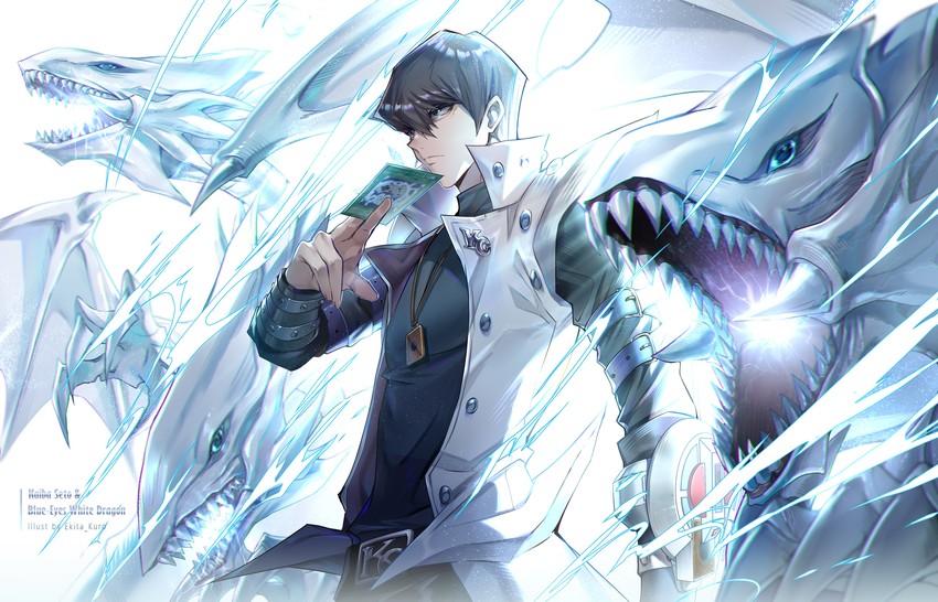 kaiba seto, blue-eyes white dragon, burst stream of destruction, and enemy controller (yu-gi-oh!) drawn by ekita_kuro