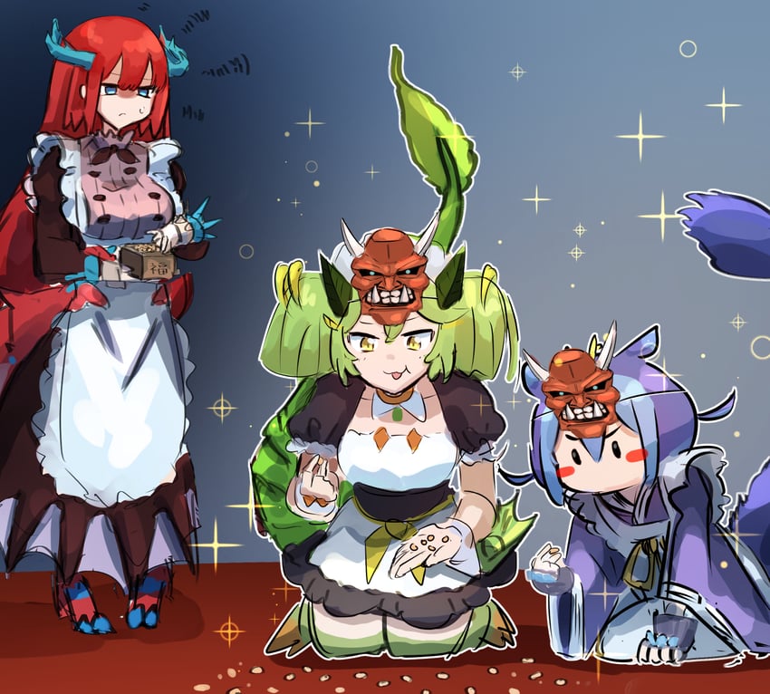 laundry dragonmaid, parlor dragonmaid, kitchen dragonmaid, and oni tank t-34 (yu-gi-oh!) drawn by hatano_kiyoshi