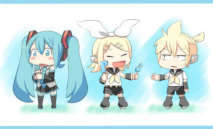 hatsune miku, kagamine rin, and kagamine len (vocaloid) drawn by masuneko
