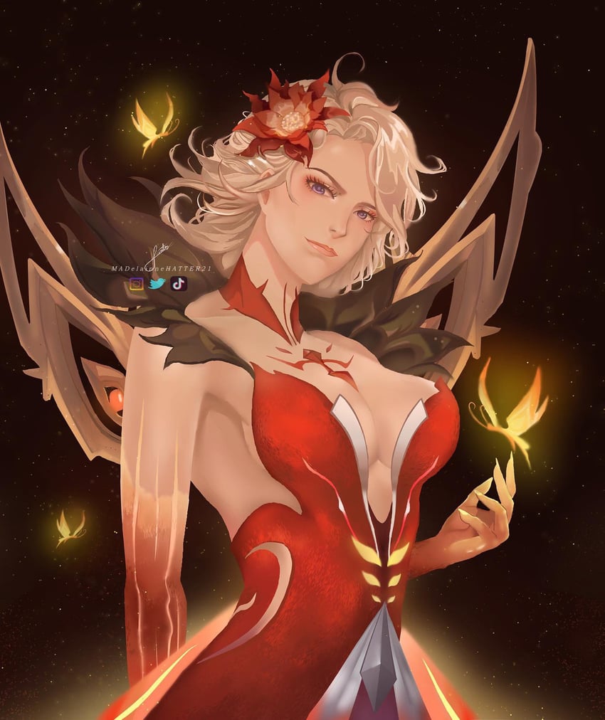 crimson lotus moth and signora (genshin impact) drawn by madie_h21