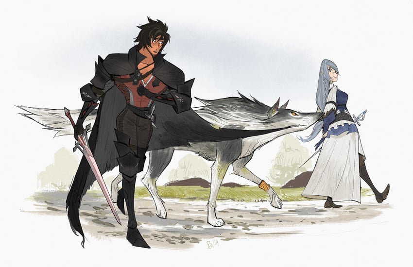 clive rosfield, jill warrick, and torgal (final fantasy and 1 more) drawn by wrandonbu