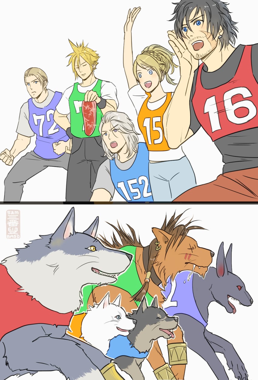 cloud strife, clive rosfield, red xiii, lunafreya nox fleuret, rufus shinra, and 5 more (final fantasy and 4 more) drawn by samba_s0