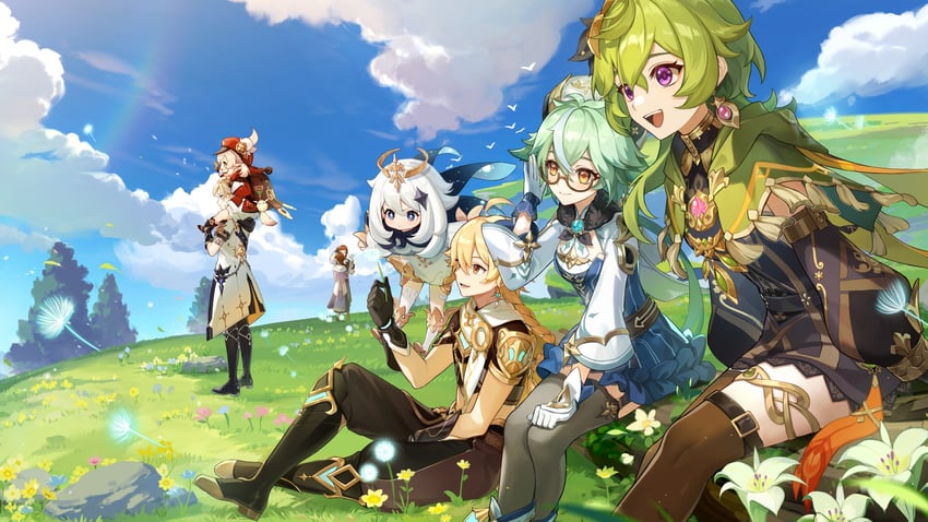 aether, paimon, klee, albedo, collei, and 3 more (genshin impact)