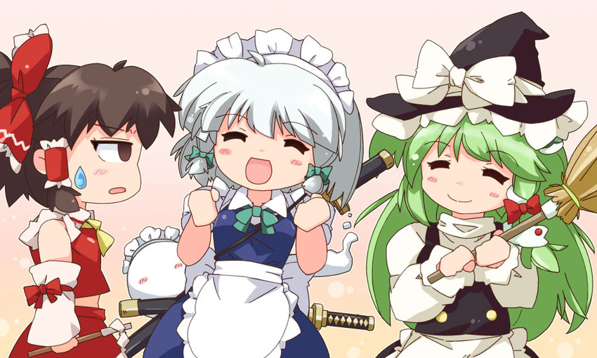 hakurei reimu, kirisame marisa, izayoi sakuya, kochiya sanae, and konpaku youmu (touhou and 1 more) drawn by zipang_(zip@ng_works)
