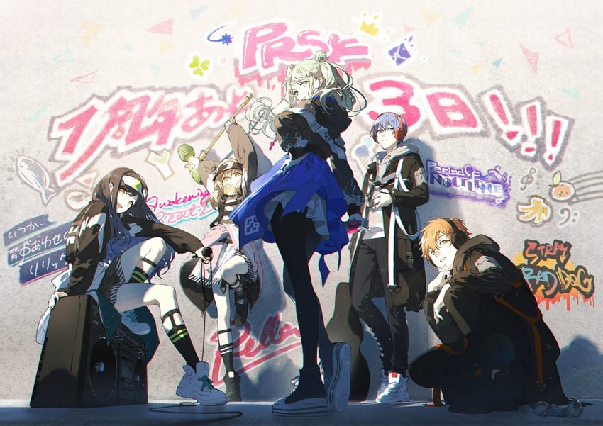 hatsune miku, shinonome akito, shiraishi an, aoyagi touya, azusawa kohane, and 1 more (vocaloid and 1 more) drawn by rella