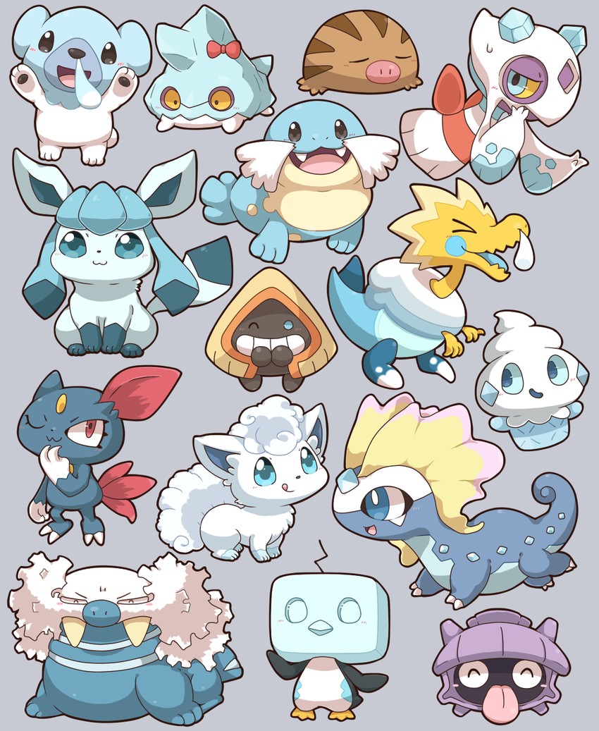 glaceon, alolan vulpix, froslass, sneasel, vanillite, and 10 more (pokemon) drawn by 2027_(submarine2027)