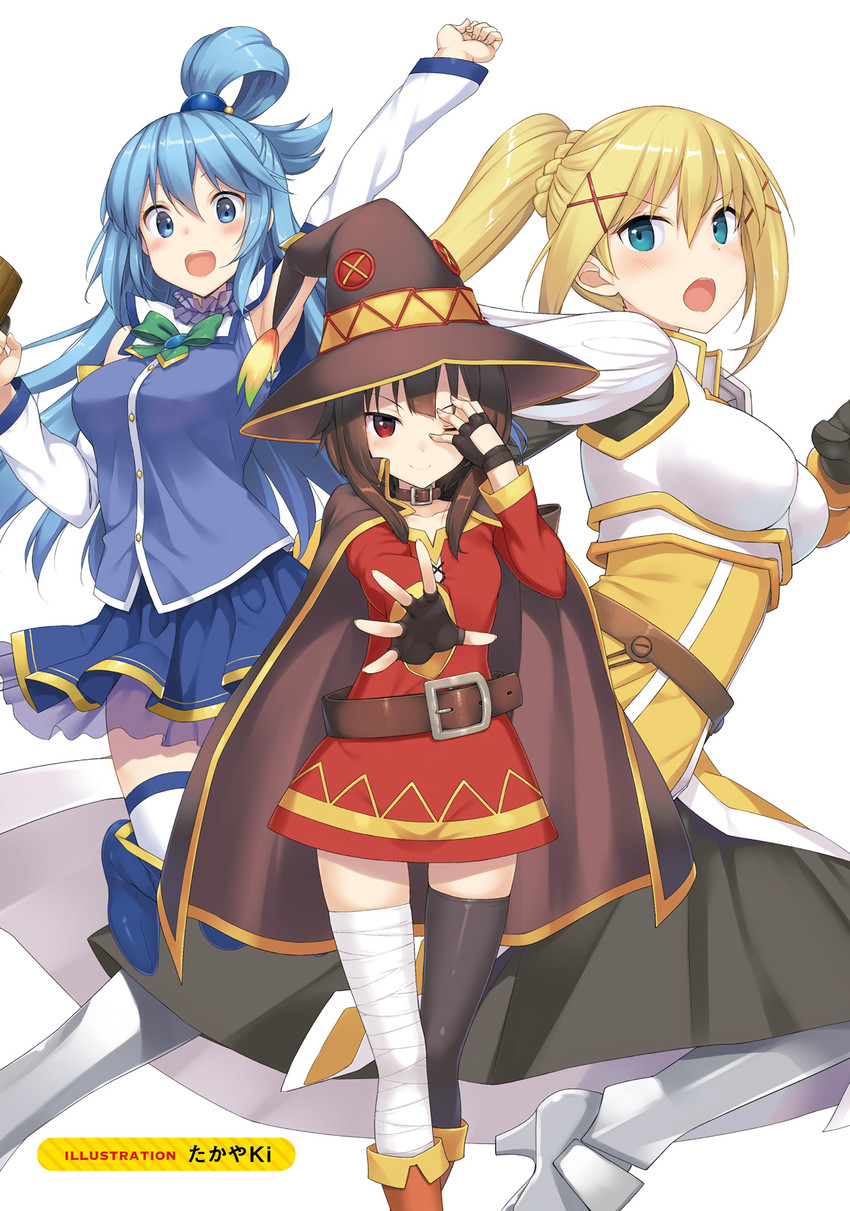 megumin, aqua, and darkness (kono subarashii sekai ni shukufuku wo!) drawn by takayaki
