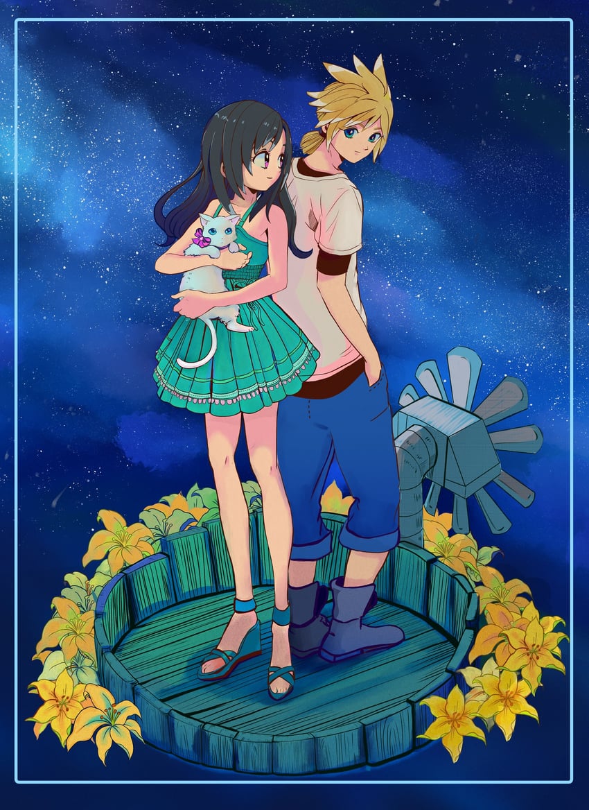 tifa lockhart, cloud strife, and maru (final fantasy and 2 more) drawn by hugo_artist