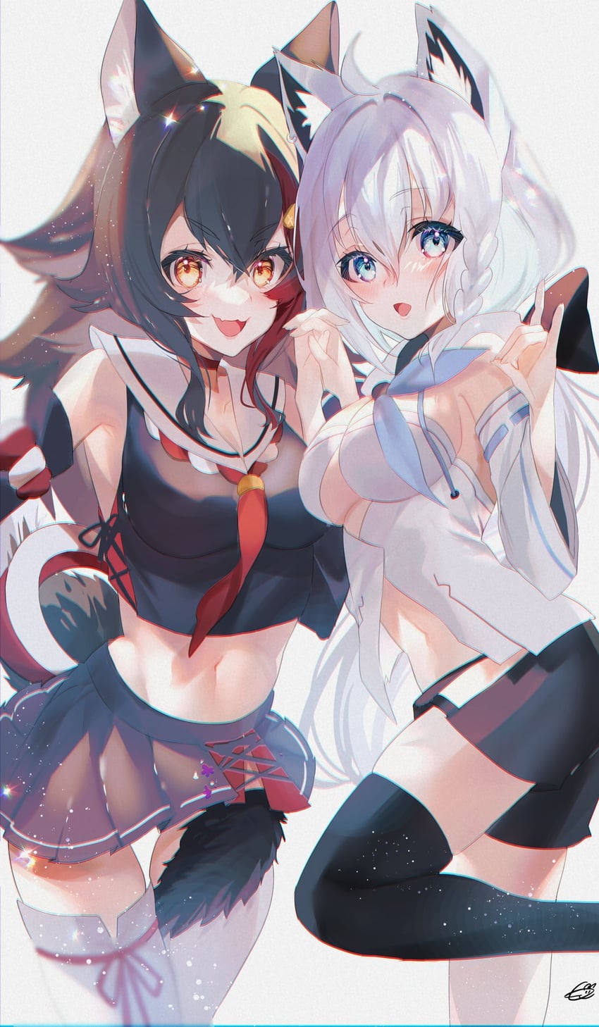 shirakami fubuki and ookami mio (hololive) drawn by moco_(moco_michi)