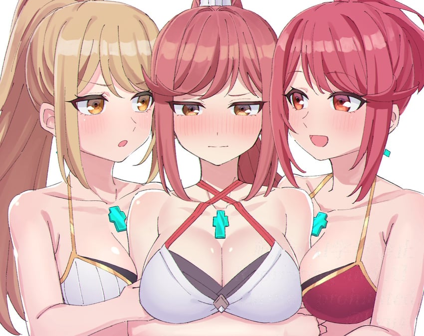 pyra, mythra, and glimmer (xenoblade chronicles and 3 more) drawn by shinae