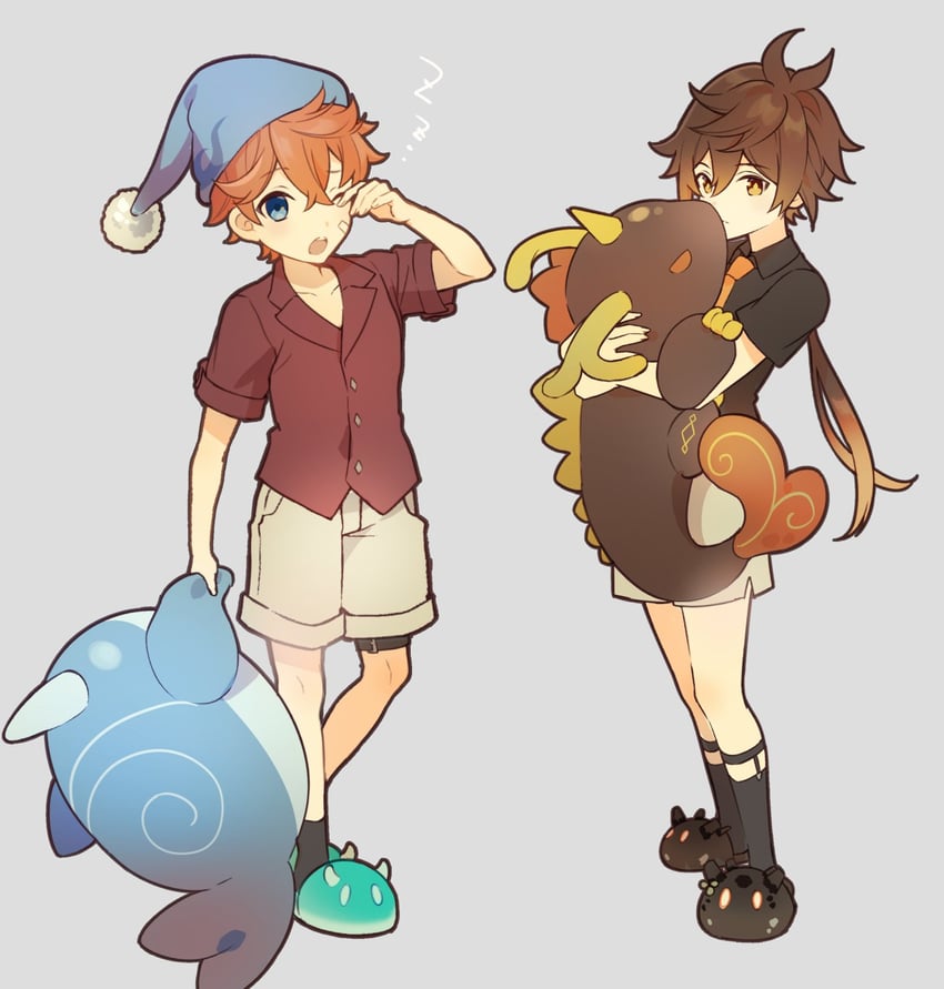 zhongli, tartaglia, slime, and rex lapis (genshin impact) drawn by tw07201231