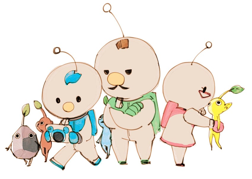 red pikmin, yellow pikmin, blue pikmin, rock pikmin, alph, and 2 more (pikmin and 1 more) drawn by 2donemuru