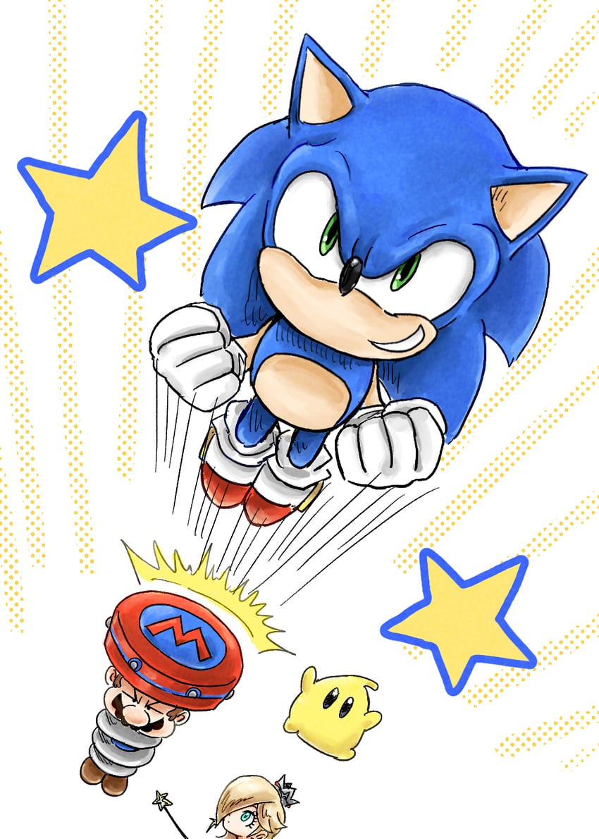 mario, sonic the hedgehog, rosalina, luma, and spring mario (mario and 3 more) drawn by kicdon