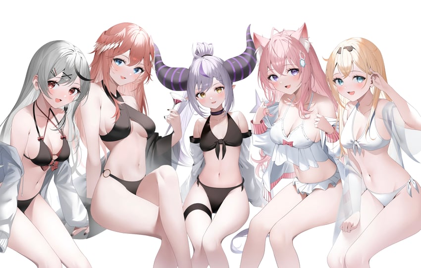 sakamata chloe, la+ darknesss, hakui koyori, kazama iroha, and takane lui (hololive) drawn by ryuya