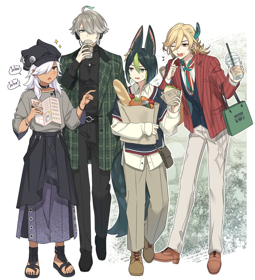 alhaitham, tighnari, kaveh, and cyno (genshin impact) drawn by kokotendon