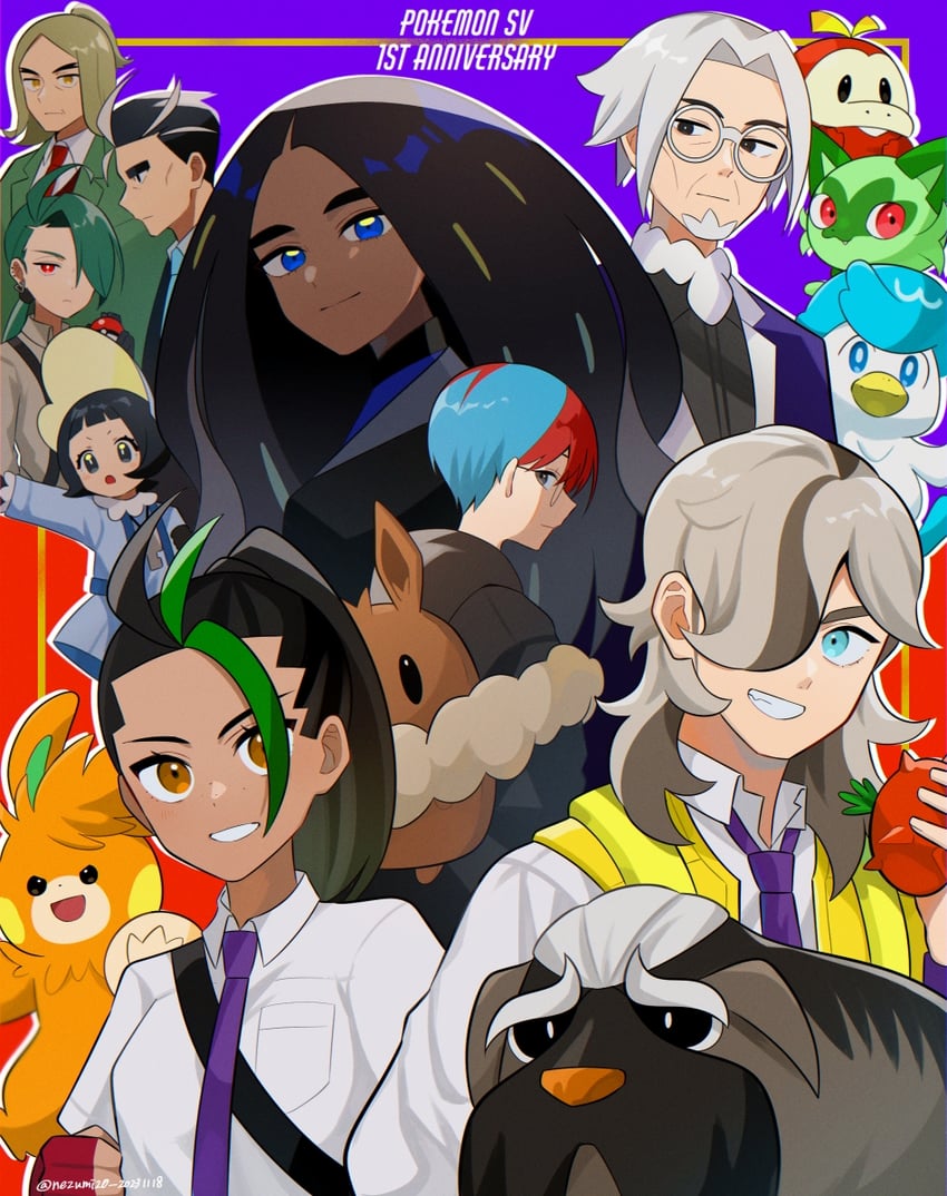 rika, sprigatito, nemona, arven, penny, and 9 more (pokemon and 1 more) drawn by genjitsu_o_miro