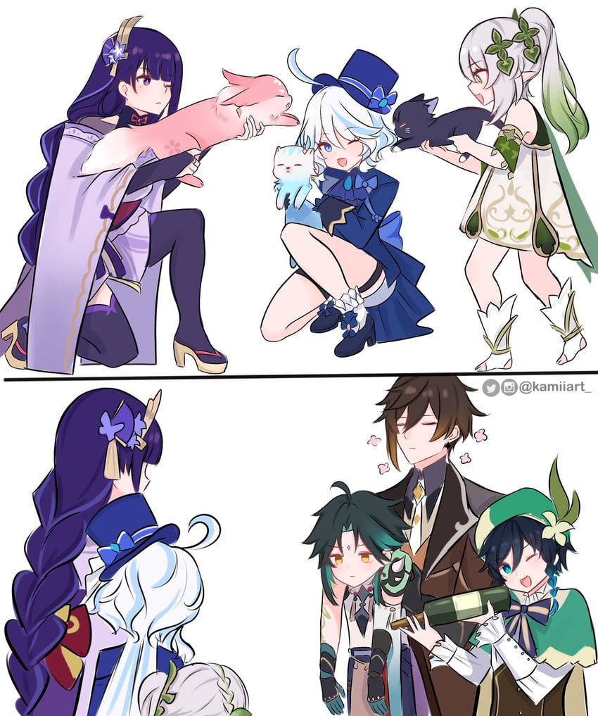 raiden shogun, furina, yae miko, nahida, zhongli, and 5 more (genshin impact) drawn by kamiiart