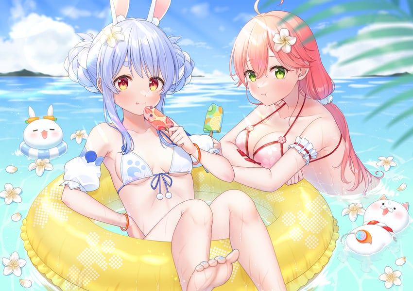 usada pekora, sakura miko, pekomon, and 35p (hololive) drawn by tomozu
