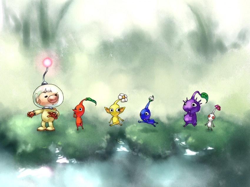 red pikmin, olimar, yellow pikmin, blue pikmin, purple pikmin, and 1 more (pikmin) drawn by raku