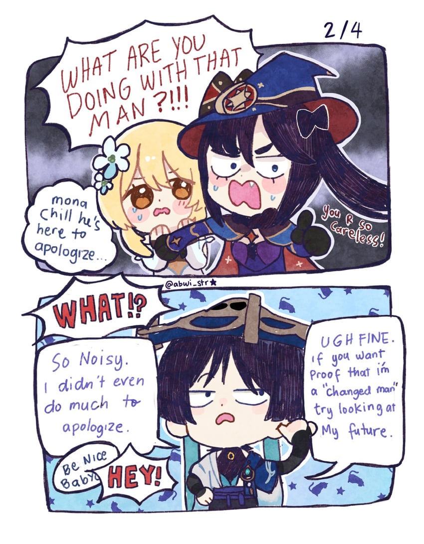 lumine, scaramouche, wanderer, and mona (genshin impact) drawn by abwi_str