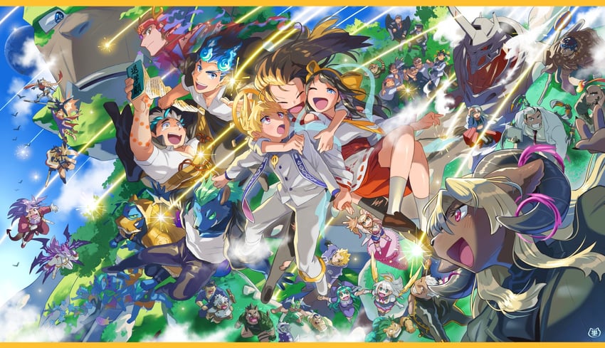 ikusaba daisuke, protagonist 2, motoori shiro, takabushi kengo, arsalan, and 34 more (tokyo afterschool summoners) drawn by sumi_wo_hakuneko