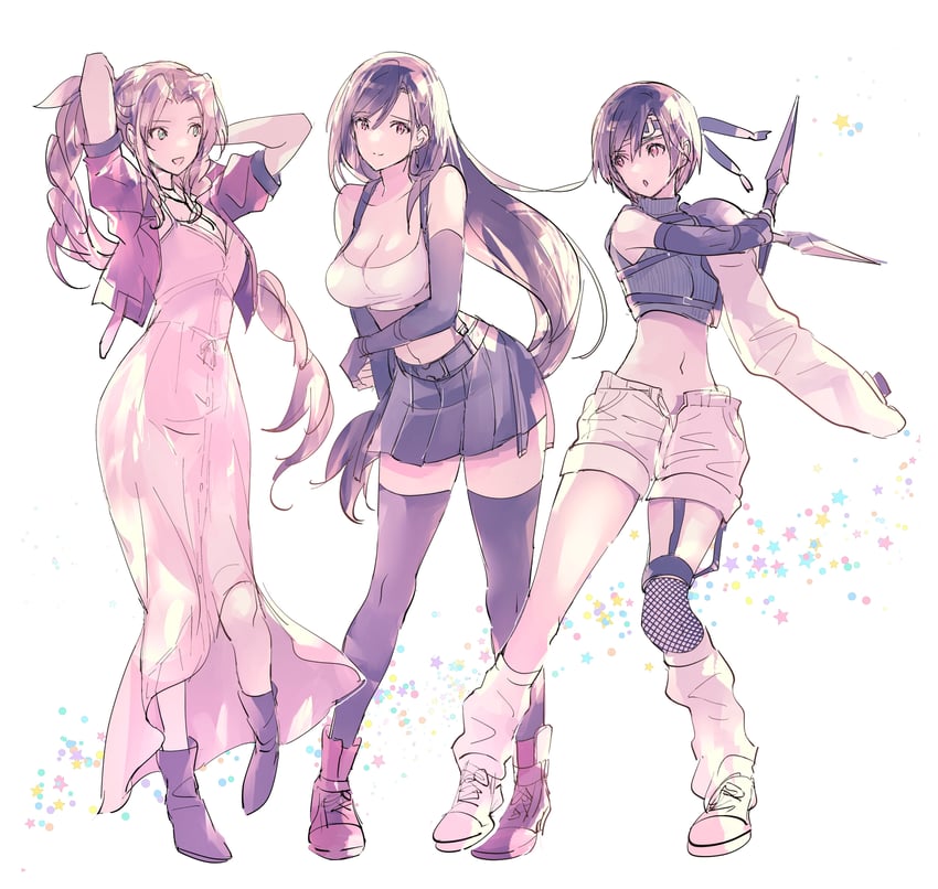 tifa lockhart, aerith gainsborough, and yuffie kisaragi (final fantasy and 2 more) drawn by shoji_sakura