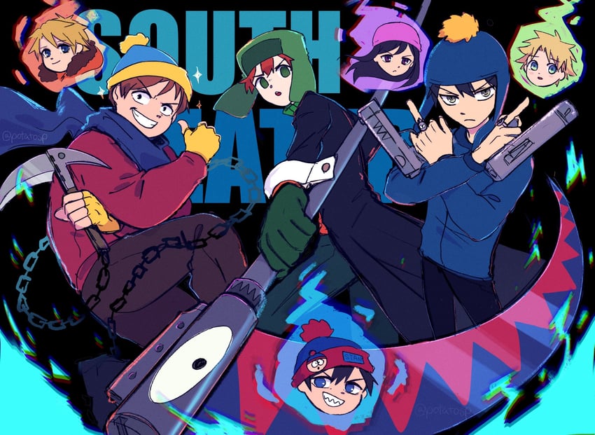 stan marsh, kenny mccormick, kyle broflovski, eric cartman, craig tucker, and 2 more (soul eater and 1 more) drawn by potatotop
