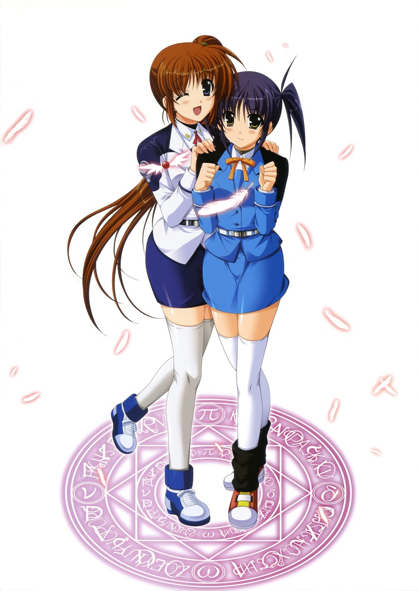 takamachi nanoha, raising heart, and isis egret (lyrical nanoha and 1 more) drawn by higa_yukari
