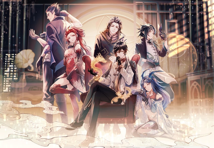 zhongli, xiao, bonanus, indarias, bosacius, and 1 more (genshin impact) drawn by chrysos_milk