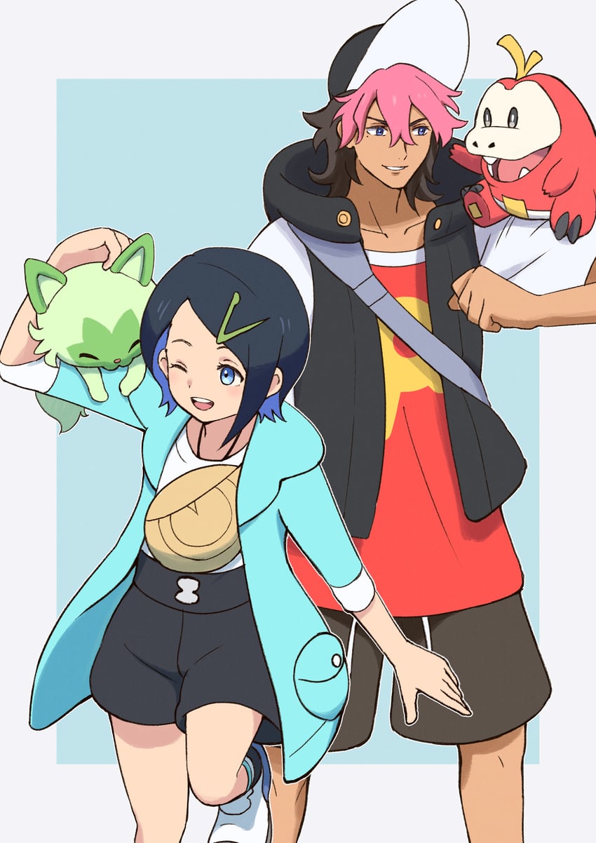 sprigatito, liko, fuecoco, guel jeturk, nika nanaura, and 1 more (pokemon and 3 more) drawn by imasogari