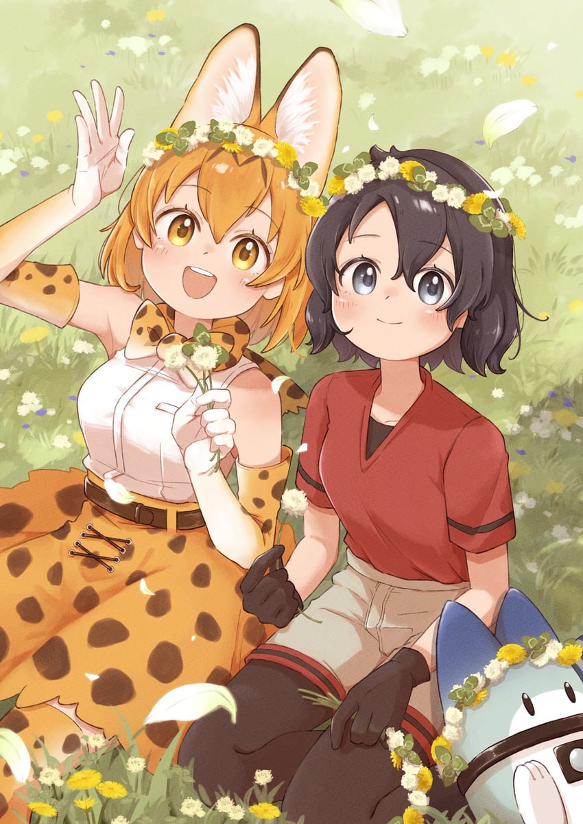 serval, kaban, and lucky beast (kemono friends) drawn by 0nanaten