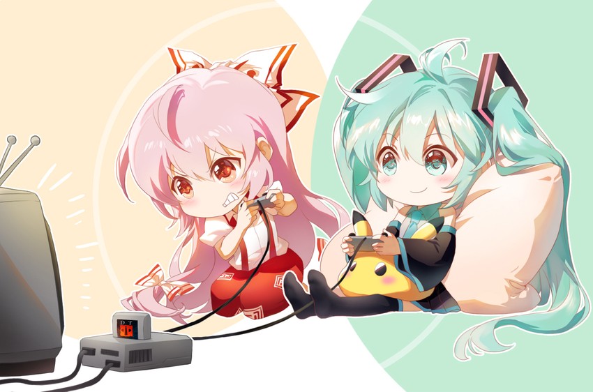 hatsune miku, fujiwara no mokou, and pikachu (touhou and 4 more) drawn by jokanhiyou