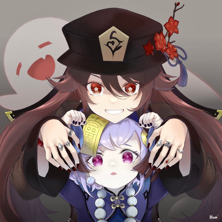 hu tao, boo tao, and qiqi (genshin impact) drawn by zaregotoneko