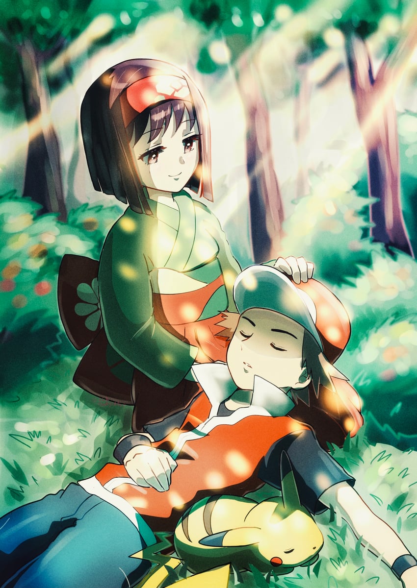 pikachu, red, and erika (pokemon and 2 more) drawn by sheyona