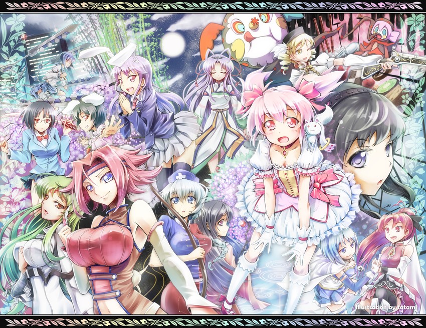 reisen udongein inaba, akemi homura, kaname madoka, miki sayaka, sakura kyoko, and 11 more (touhou and 5 more) drawn by tatami_(loop)