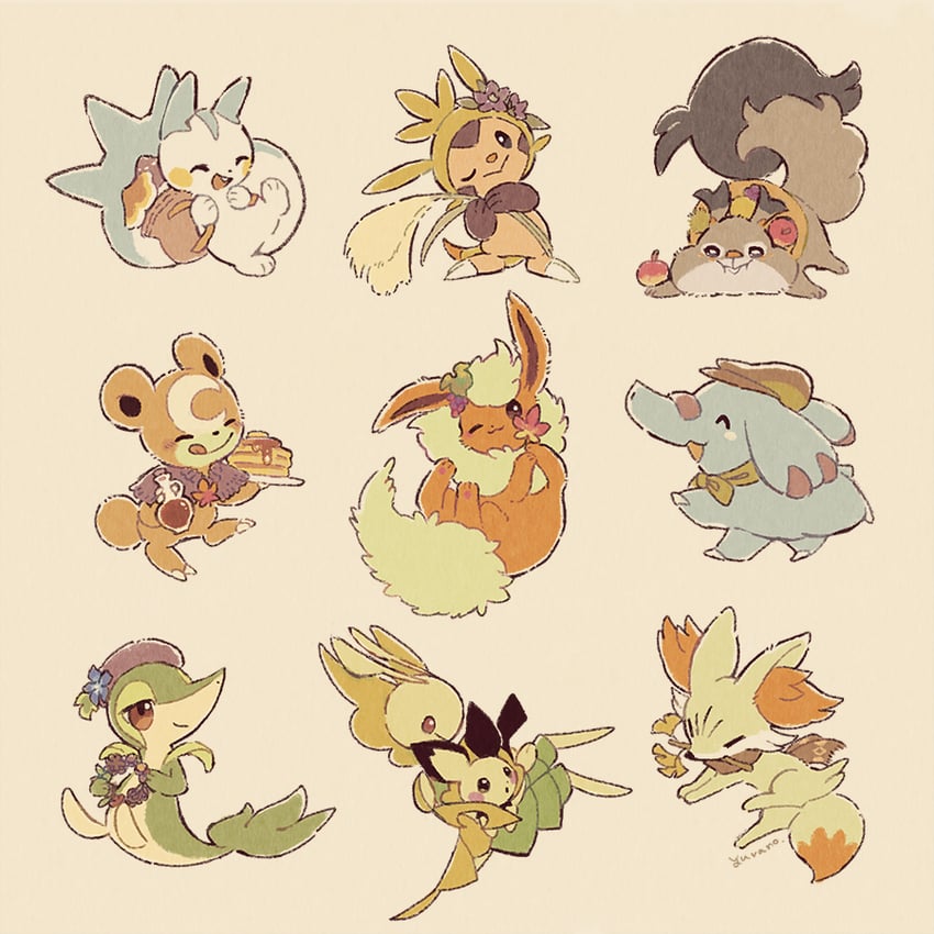 snivy, flareon, pichu, fennekin, pachirisu, and 5 more (pokemon) drawn by yurano_(upao)