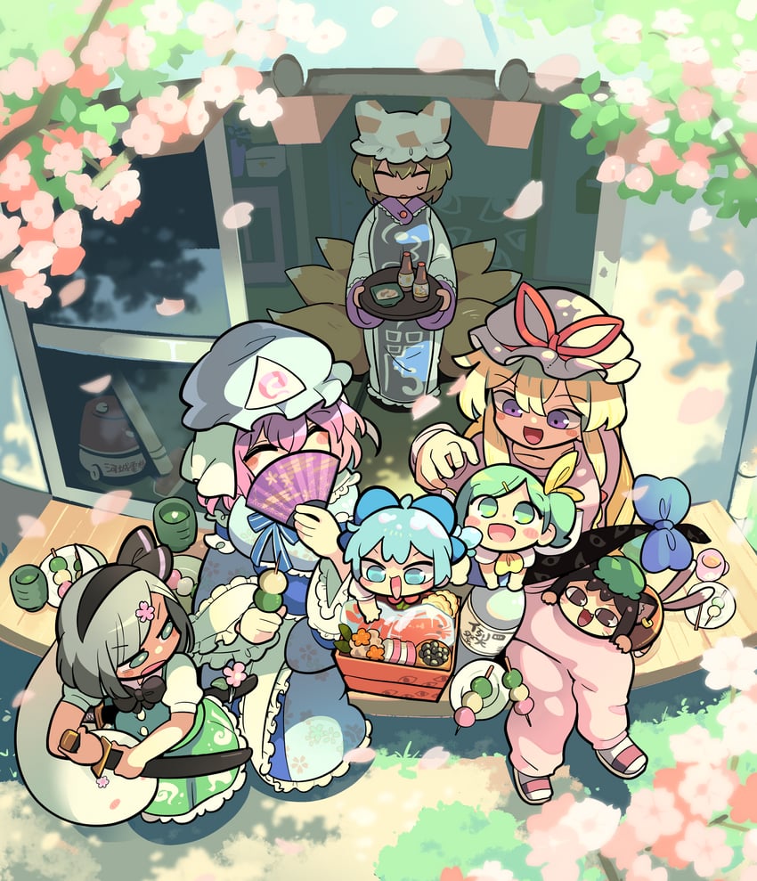 konpaku youmu, cirno, yakumo yukari, saigyouji yuyuko, yakumo ran, and 2 more (touhou) drawn by moyazou_(kitaguni_moyashi_seizoujo)