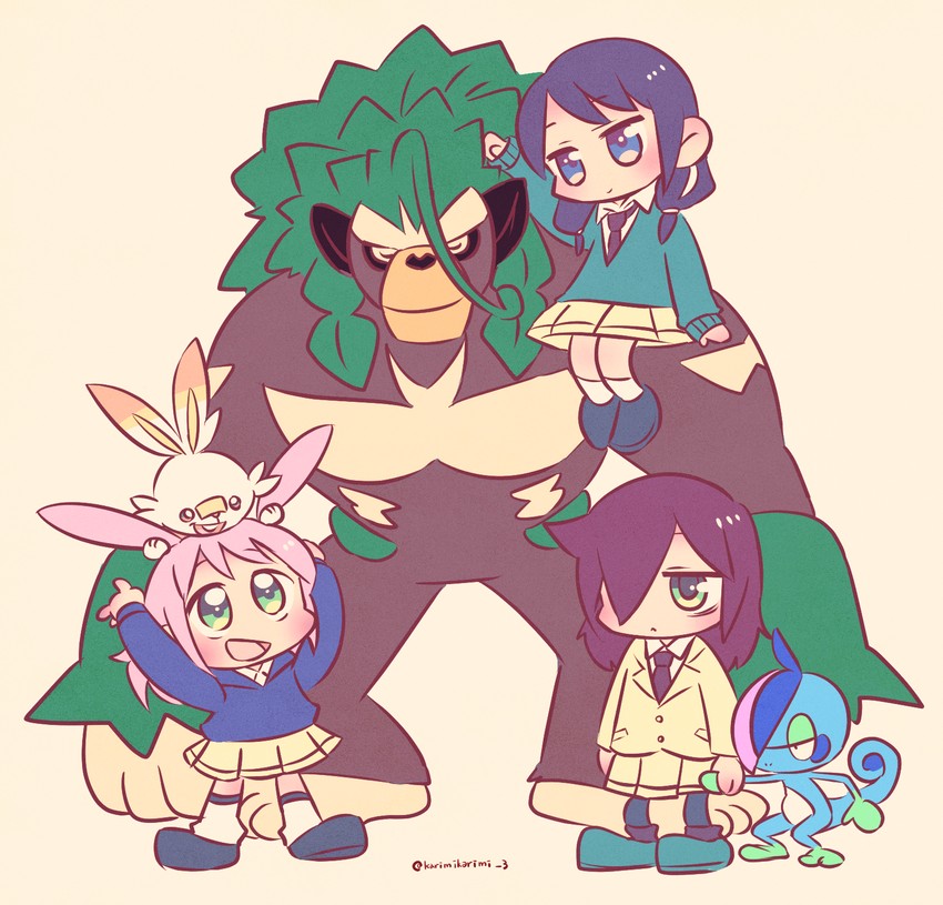 kuroki tomoko, scorbunny, tamura yuri, nemoto hina, rillaboom, and 1 more (pokemon and 1 more) drawn by karimikarimi