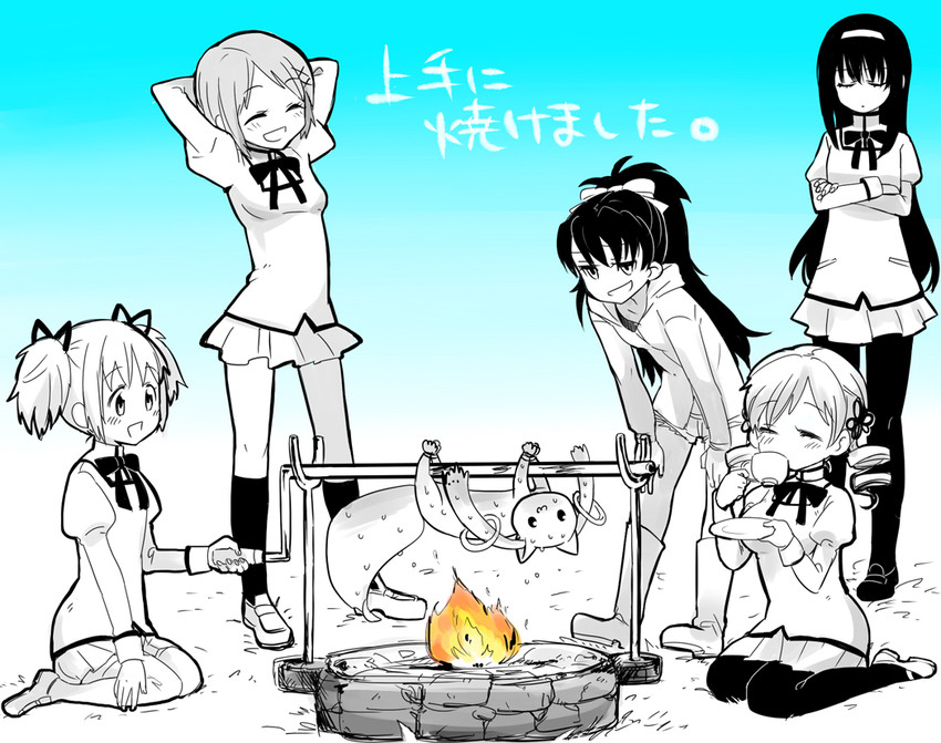 akemi homura, kaname madoka, miki sayaka, sakura kyoko, tomoe mami, and 1 more (mahou shoujo madoka magica and 1 more) drawn by shimoneta