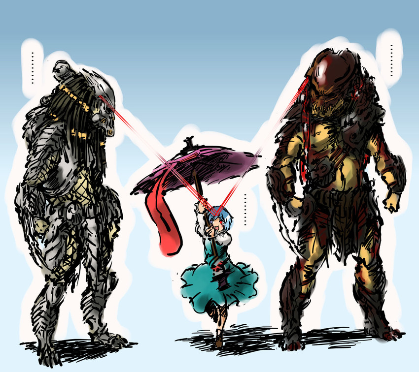 tatara kogasa, predator, berserker predator, mr. black, and celtic (touhou and 1 more) drawn by nameo_(judgemasterkou)